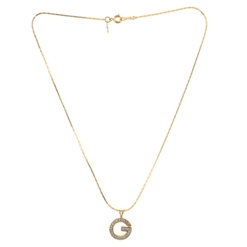GIVENCHY G Logo Rhinestone Gold Tone Pendant Necklace 1980s